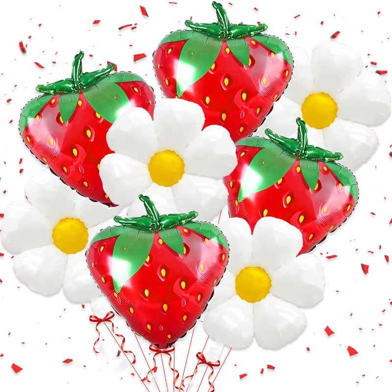 YOUDICT 8 PCS Strawberry Balloons Daisy Balloons Red Berry Foil Balloons for Strawberry Themed Birthday Party Decorations Berry First Birthday Decorations - Image 3