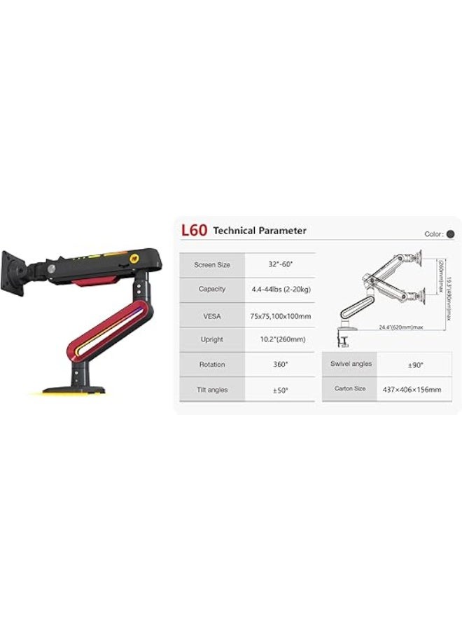 NB NORTH BAYOU NB Ergonomic L60 Gaming Monitor Arm – Adjustable RGB Stand for 32” to 60” Screens – Heavy Duty, Space-Saving & Easy to Use - Image 3