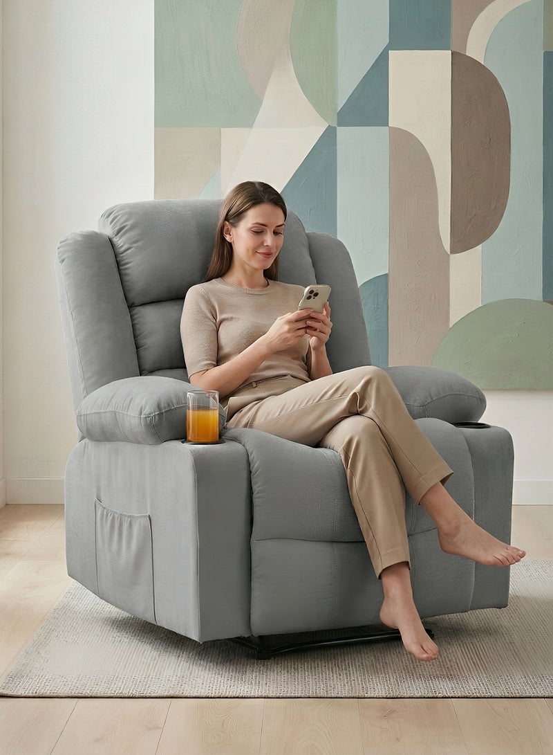 M-Smart Velvet fabric  Fixed Recliner Chair for Living Room - Ergonomic Lazy Boy Chair with Dual Cup Holder & Side Pocket for Long Seating, Reading, Watching TV and Napping, 100x86x89cm - Light Grey - Image 4
