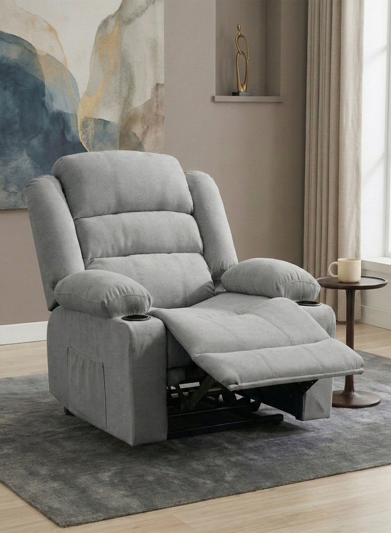 M-Smart Velvet fabric  Fixed Recliner Chair for Living Room - Ergonomic Lazy Boy Chair with Dual Cup Holder & Side Pocket for Long Seating, Reading, Watching TV and Napping, 100x86x89cm - Light Grey - Image 1