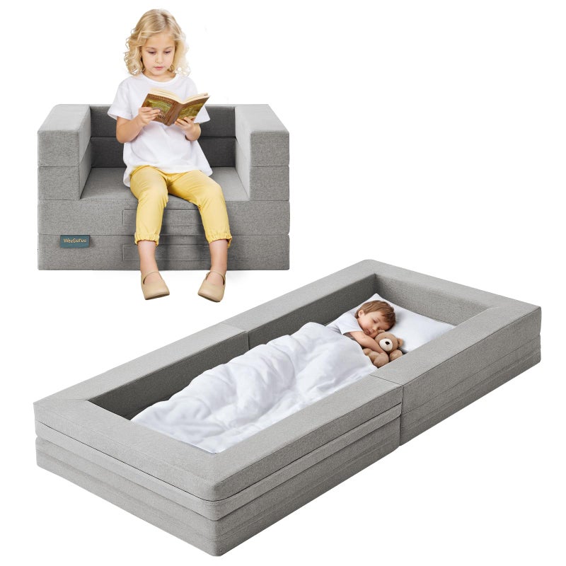 WeeGuruu Travel Toddler Bed, 3-in-1 Convertible Sofa Bed for Toddler Portable Floor Beds, Flip Open Sofa Lounger for Girls and Boys, Made with High-Density Foam and Washable Cover,Ash - Image 1