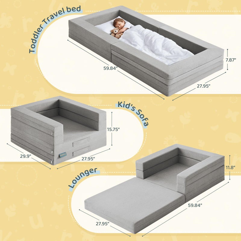 WeeGuruu Travel Toddler Bed, 3-in-1 Convertible Sofa Bed for Toddler Portable Floor Beds, Flip Open Sofa Lounger for Girls and Boys, Made with High-Density Foam and Washable Cover,Ash - Image 2