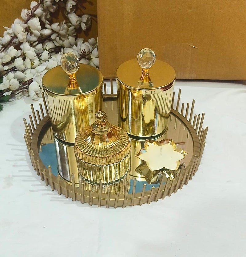 Fancy Palace Luxury Gold-Plated Decorative Tray Set with Jars and Candle Holder - Perfect Wedding, Anniversary, and Birthday Gift Item 4