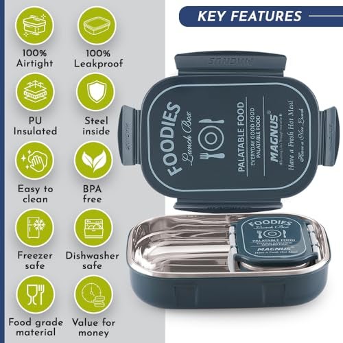 Magnus Spike Grey Stainless Steel Lunch Box - 800ml & 150ml Leakproof Containers, Insulated Airtight Tiffin Set with Detachable Clips & Cover - Ideal Lunch Box for Kids, Office Men, Women, School - Image 4