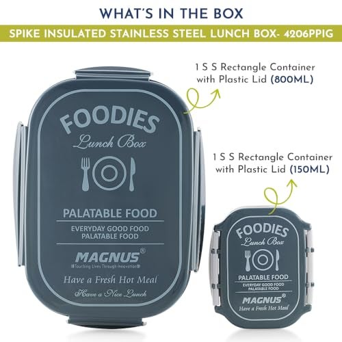 Magnus Spike Grey Stainless Steel Lunch Box - 800ml & 150ml Leakproof Containers, Insulated Airtight Tiffin Set with Detachable Clips & Cover - Ideal Lunch Box for Kids, Office Men, Women, School - Image 2