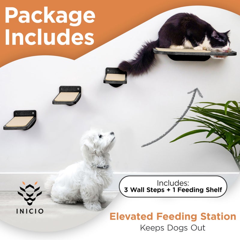 INICIO Cat Shelves â€“ Dog Proof Feeding Station with Wall Mounted Shelves, 3 Steps for wall with Floating Shelf for Cats Up to 15lbs, Includes Cat Food Bowls for Convenient Feeding â€“ Black - Image 2