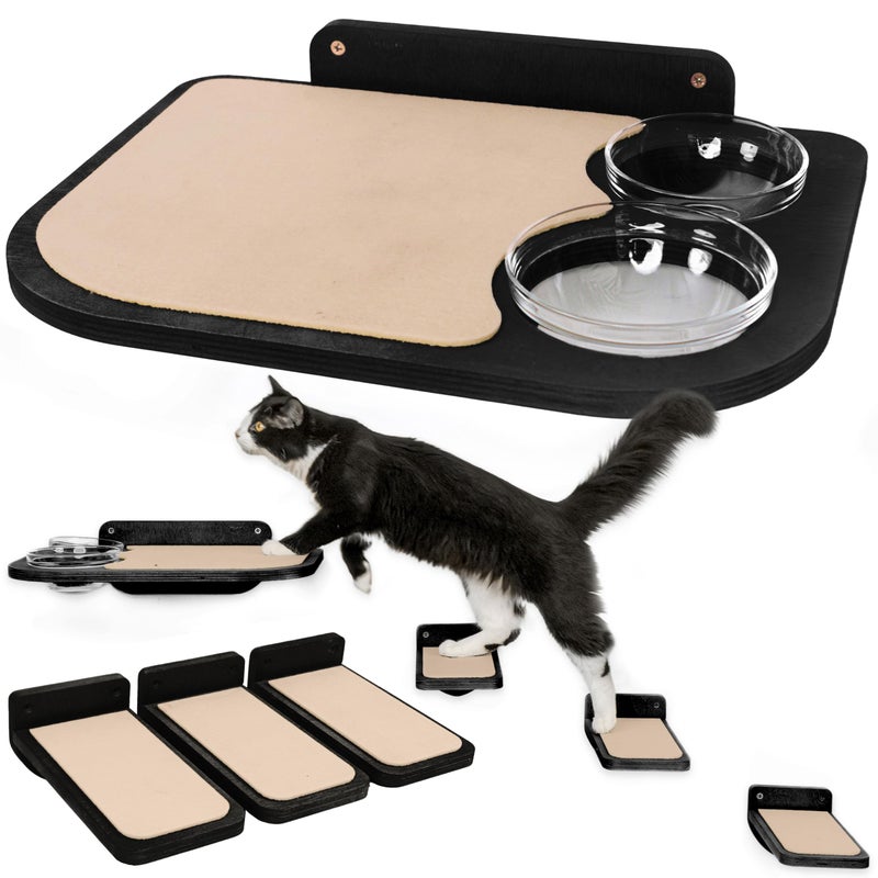 INICIO Cat Shelves â€“ Dog Proof Feeding Station with Wall Mounted Shelves, 3 Steps for wall with Floating Shelf for Cats Up to 15lbs, Includes Cat Food Bowls for Convenient Feeding â€“ Black - Image 1