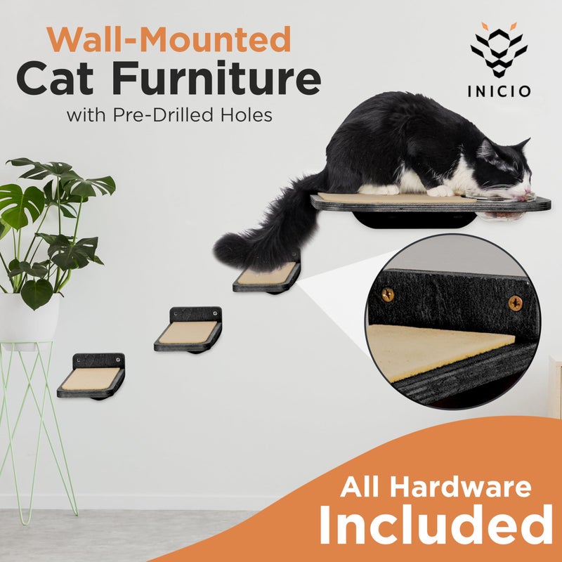 INICIO Cat Shelves â€“ Dog Proof Feeding Station with Wall Mounted Shelves, 3 Steps for wall with Floating Shelf for Cats Up to 15lbs, Includes Cat Food Bowls for Convenient Feeding â€“ Black - Image 5