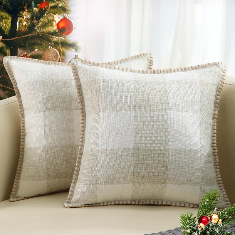 decorUhome decorUhome Christmas Farmhouse Buffalo Plaid Check Throw Pillow Covers 18x18 Set of 2  Outdoor Decorative Pillow Covers with Stitched Edge for Bed Couch Sofa  Cream White and Beige - Image 1