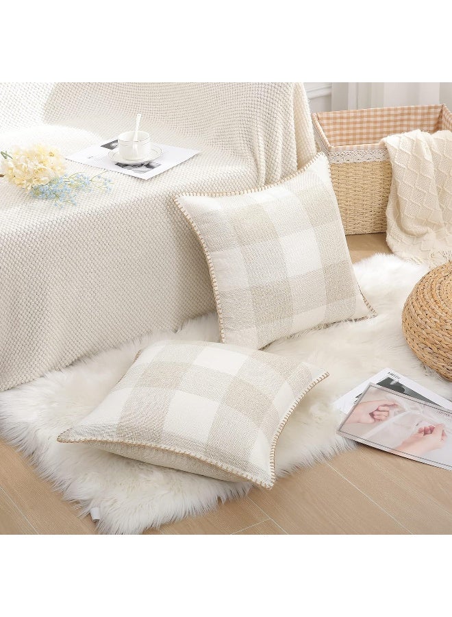 decorUhome decorUhome Christmas Farmhouse Buffalo Plaid Check Throw Pillow Covers 18x18 Set of 2  Outdoor Decorative Pillow Covers with Stitched Edge for Bed Couch Sofa  Cream White and Beige - Image 4