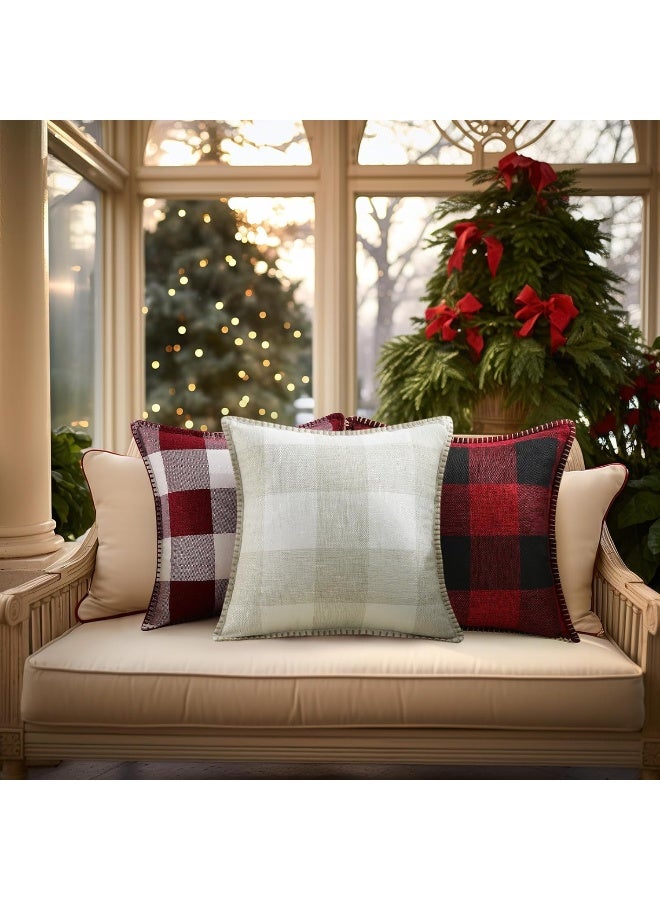 decorUhome decorUhome Christmas Farmhouse Buffalo Plaid Check Throw Pillow Covers 18x18 Set of 2  Outdoor Decorative Pillow Covers with Stitched Edge for Bed Couch Sofa  Cream White and Beige - Image 5
