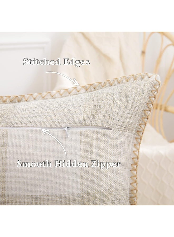 decorUhome decorUhome Christmas Farmhouse Buffalo Plaid Check Throw Pillow Covers 18x18 Set of 2  Outdoor Decorative Pillow Covers with Stitched Edge for Bed Couch Sofa  Cream White and Beige - Image 2
