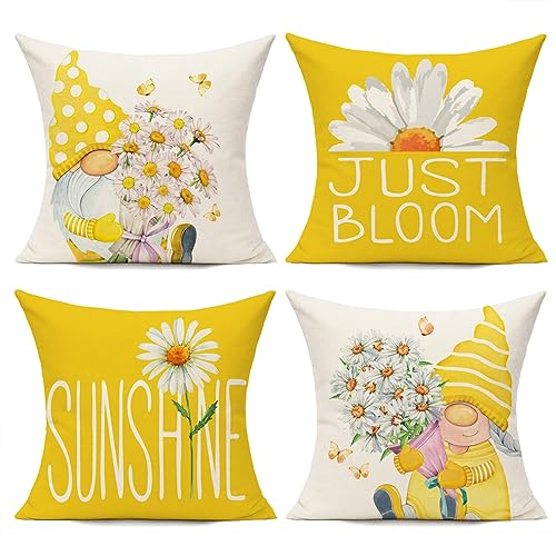 All Smiles Yellow Throw Pillow Covers 20x20 Set of 4 Outdoor Spring Summer Decorative Cushion Cases Home Dcor Decorations for Patio Couch Chair SofaDaisy Floral Gnomes