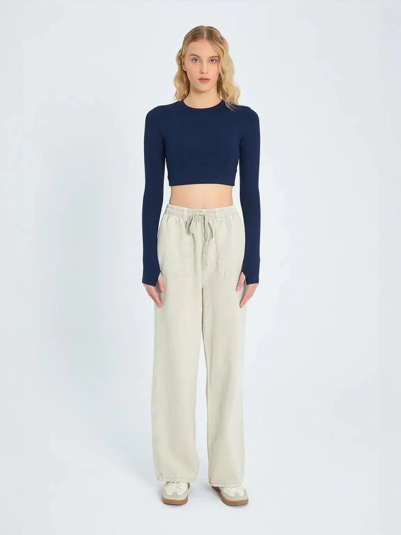 MixRay Mixray Elastic Waist Straight Leg Cotton Pants