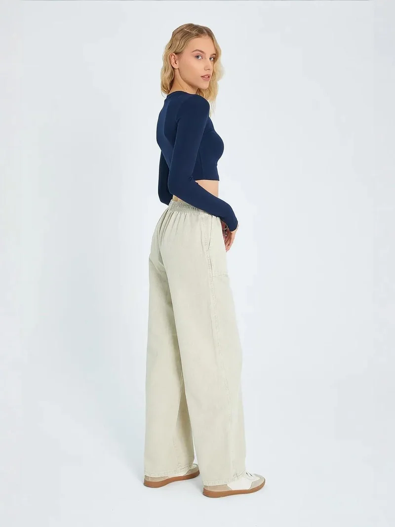 MixRay Stone Natural Mixray Elastic Waist Straight Leg Cotton Pants for Women | Best Price UAE