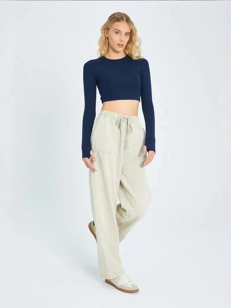 MixRay Stone Natural Mixray Elastic Waist Straight Leg Cotton Pants for Women | Best Price UAE