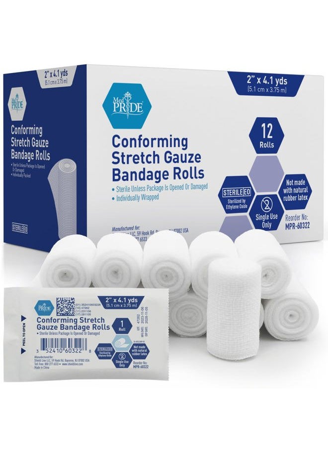 MED PRIDE Conforming Stretch Gauze Bandage 2" X 4.1 Yards, 12 Rolls | Sterile Latex Free Rolled Gauze | Non Adherent Gauze Rolls Wound Care  - Image 1