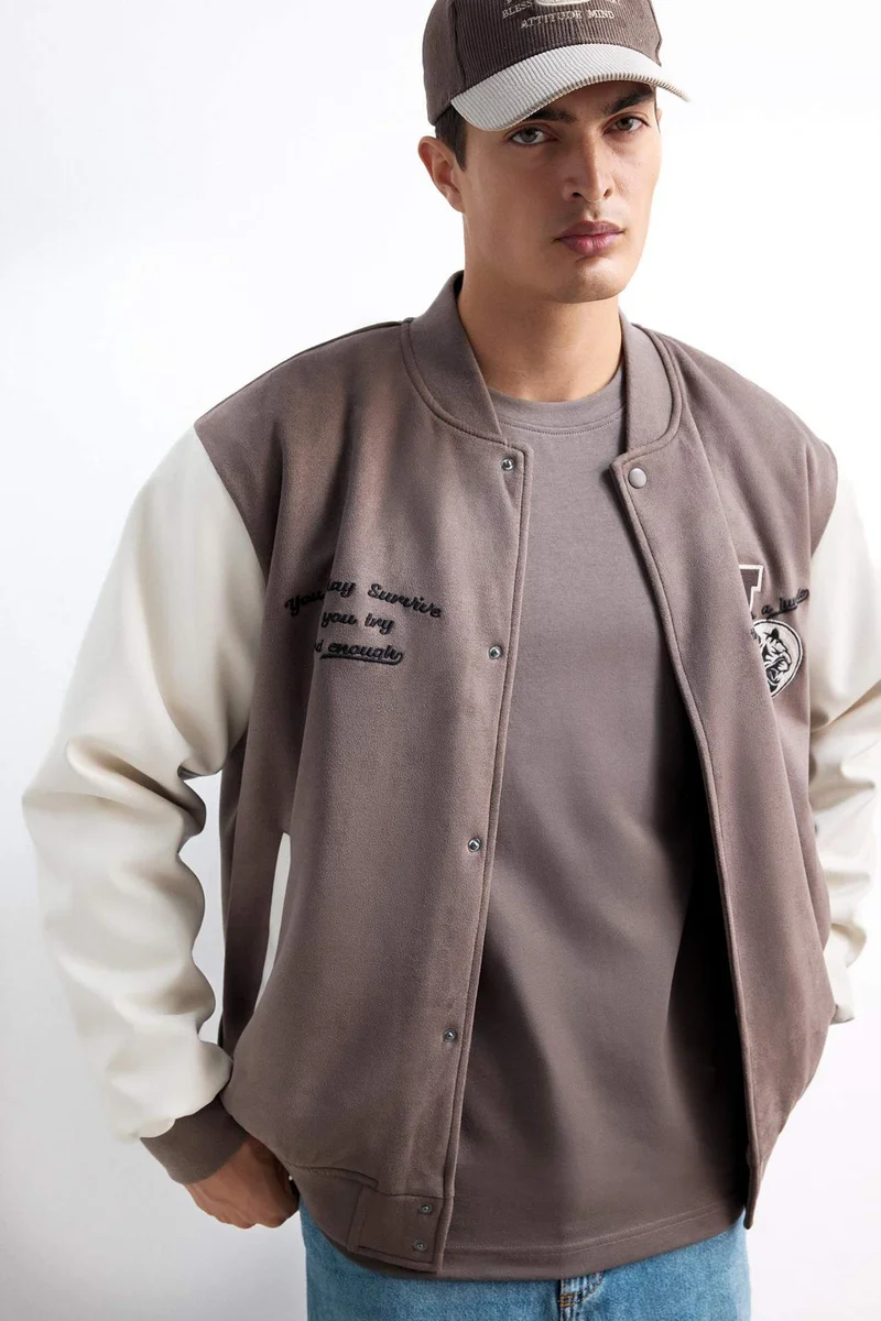 Oversize Fit College Collar Suede Bomber Jacket