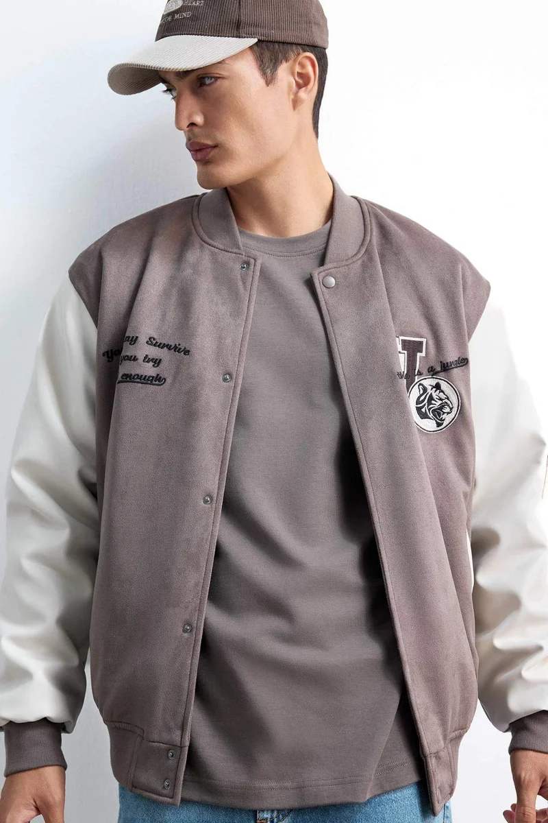 Defacto  Oversize Fit College Collar Suede Bomber Jacket for Men | Best Price UAE