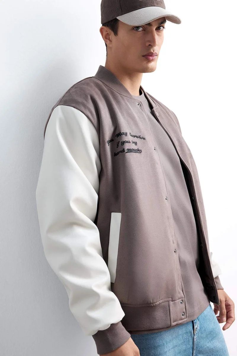 Defacto  Oversize Fit College Collar Suede Bomber Jacket for Men | Best Price UAE