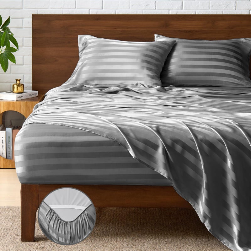 BEDELITE Satin Sheets Queen Size, Luxury Jacquard Striped Dark Grey Bedsheets with Elastic Corner Straps, Similar to Silk Sheets Set 4 PC with 1 Deep Pocket Fitted Sheet, 1 Flat Sheet, & 2 Pillowcases - Image 1