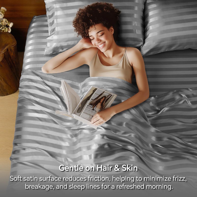 BEDELITE Satin Sheets Queen Size, Luxury Jacquard Striped Dark Grey Bedsheets with Elastic Corner Straps, Similar to Silk Sheets Set 4 PC with 1 Deep Pocket Fitted Sheet, 1 Flat Sheet, & 2 Pillowcases - Image 2