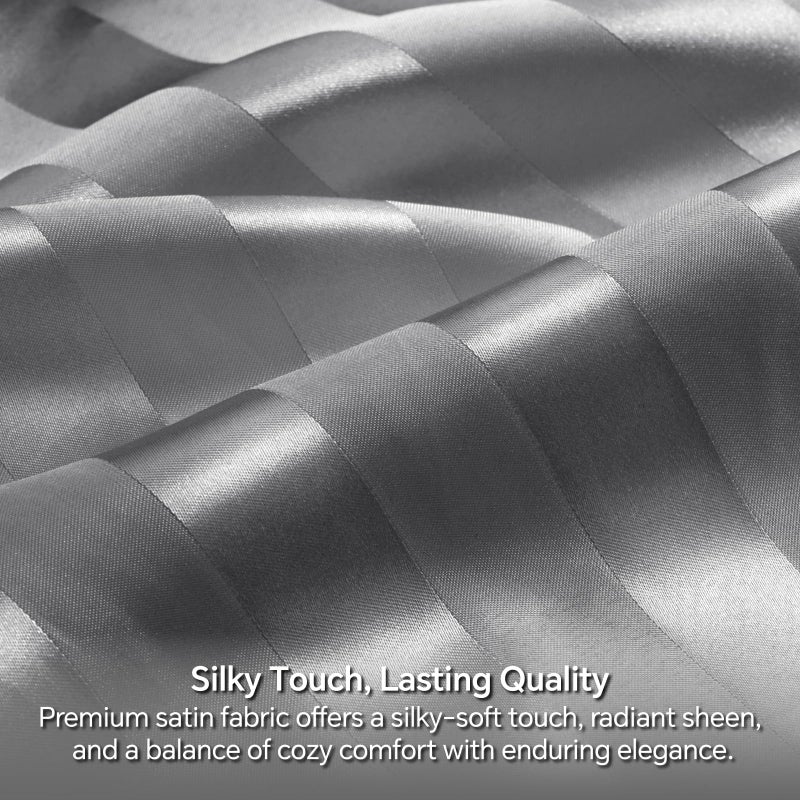 BEDELITE Satin Sheets Queen Size, Luxury Jacquard Striped Dark Grey Bedsheets with Elastic Corner Straps, Similar to Silk Sheets Set 4 PC with 1 Deep Pocket Fitted Sheet, 1 Flat Sheet, & 2 Pillowcases - Image 4