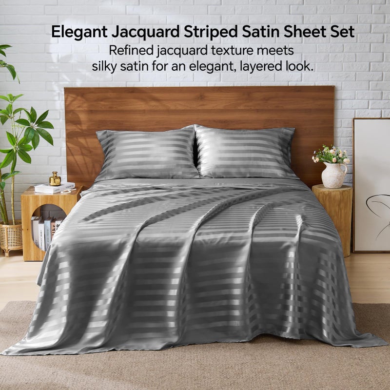 BEDELITE Satin Sheets Queen Size, Luxury Jacquard Striped Dark Grey Bedsheets with Elastic Corner Straps, Similar to Silk Sheets Set 4 PC with 1 Deep Pocket Fitted Sheet, 1 Flat Sheet, & 2 Pillowcases - Image 3