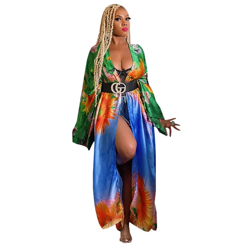 K10173 Euro-American Fashion Silk-like Printed Kimono Wrap Coat Sunflower