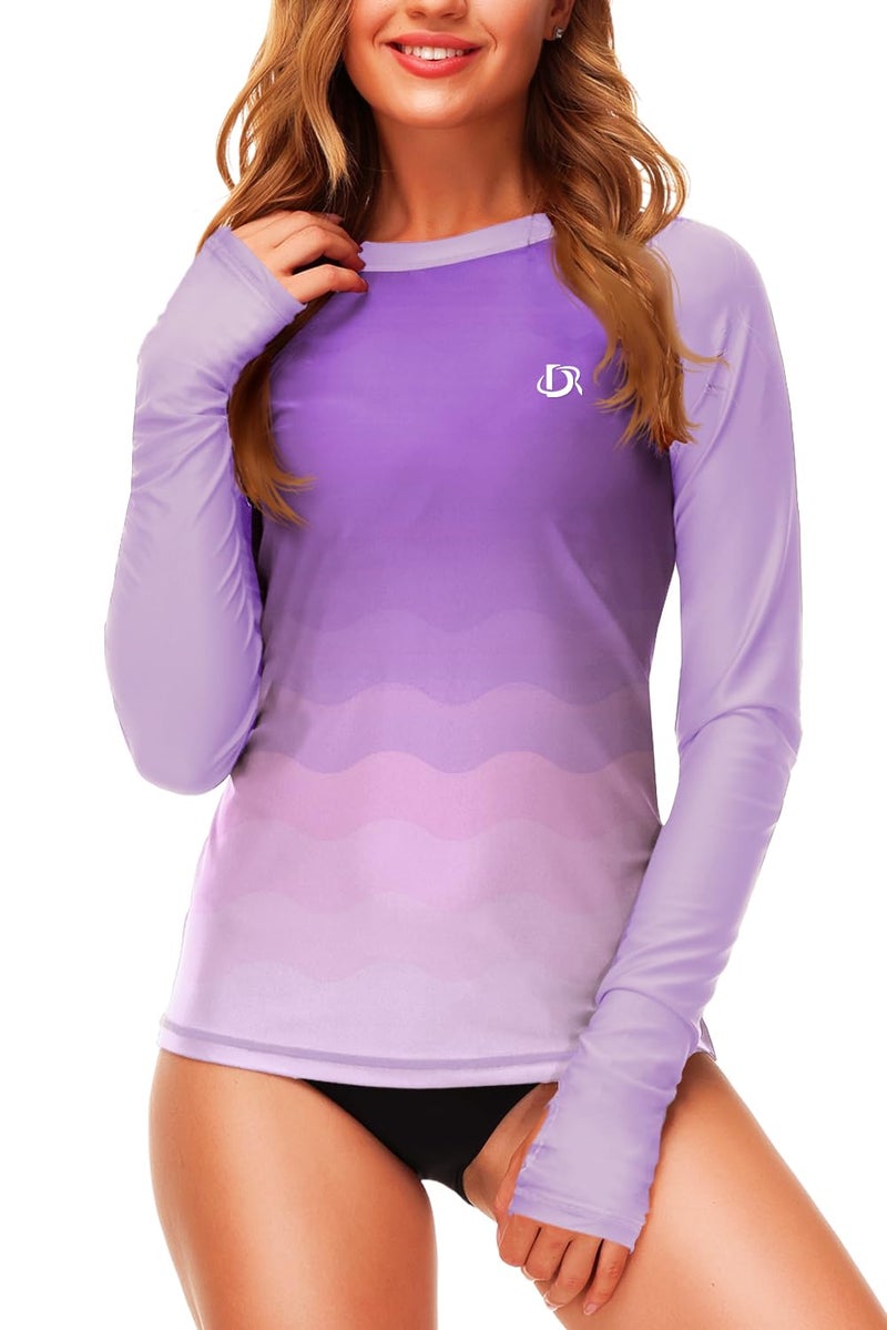 Deerose Women's Long Sleeve Swim Tops Sun Protection Surfing Shirts UV Gradient Purple Rash Guard M - Image 1