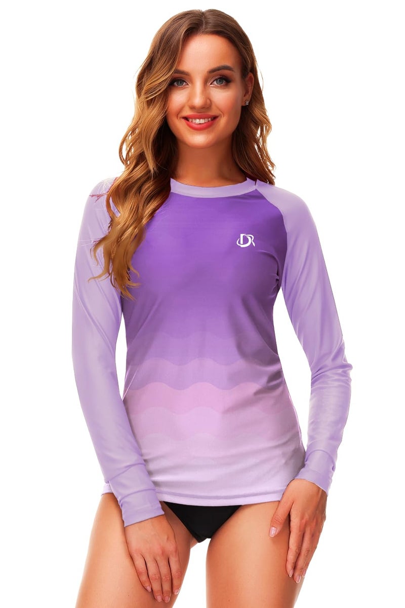 Deerose Women's Long Sleeve Swim Tops Sun Protection Surfing Shirts UV Gradient Purple Rash Guard M - Image 4