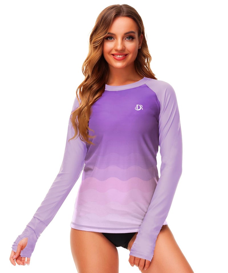 Deerose Women's Long Sleeve Swim Tops Sun Protection Surfing Shirts UV Gradient Purple Rash Guard M - Image 3
