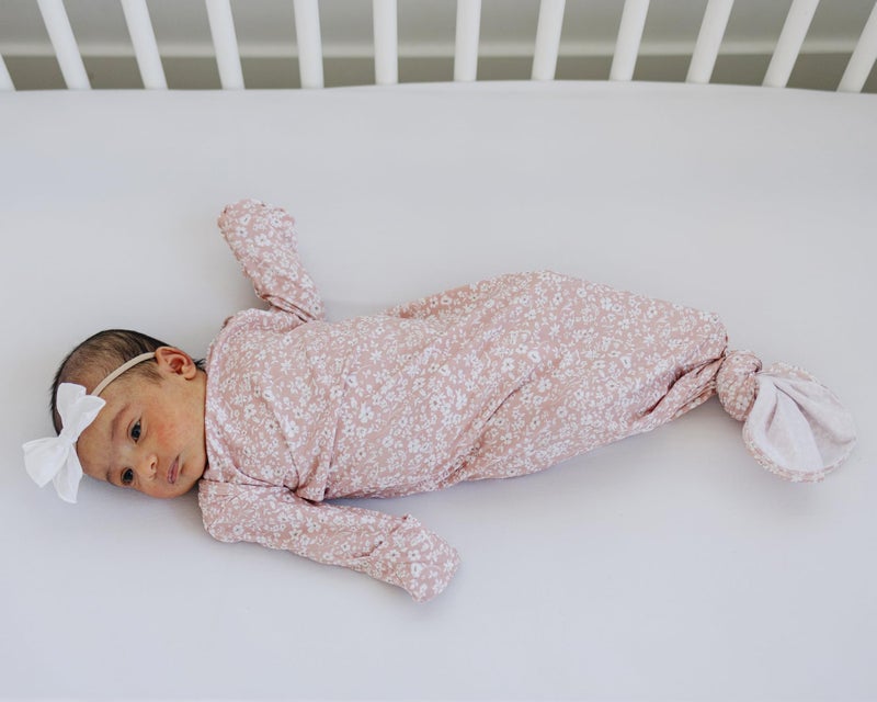 Sorrel + Fern Baby Gown â€“ Super Soft Knotted Gown for Baby Newborn Boys and Girls, Infant, Newborn Bottom Tie and Hand Mittens, Perfect Hospital Coming Home Outfit (Fleurette) - Image 5