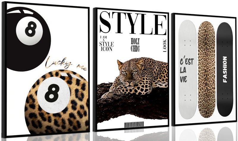 Khioea 3Pcs Trendy Leopard Wall Art Preppy Aesthetic Stylish Leopard Painting Picture Wall Decor Funky Lucky 8 Ball Cheetah Poster Print Artwork for Bedroom Living Room Bathroom Home Decoration Unframed - Image 1