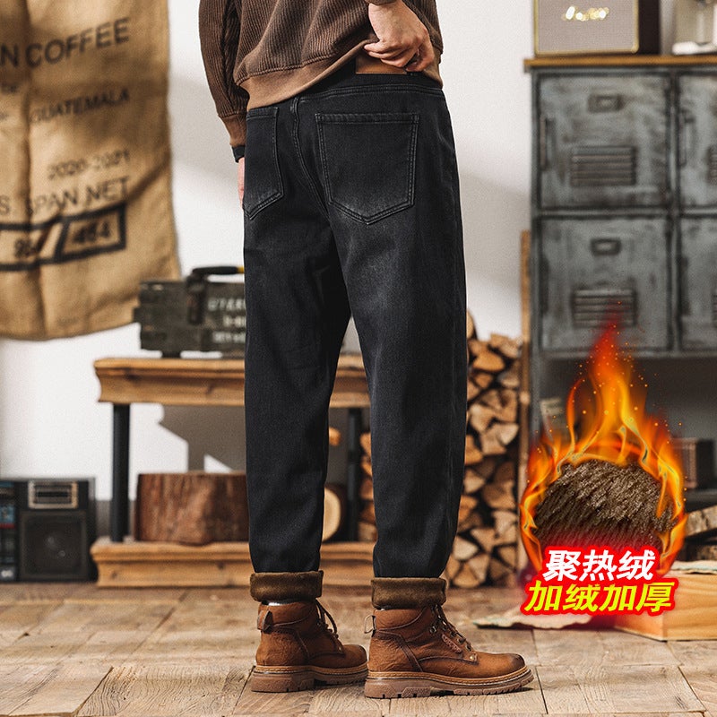 R588 | Plus size men''s winter New fleece-lined jeans men''s loose plus size retro harem skinny trousers - Image 4