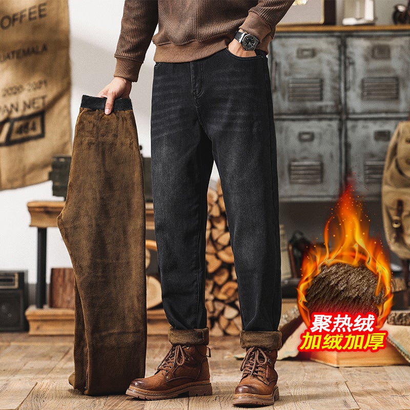 R588 | Plus size men''s winter New fleece-lined jeans men''s loose plus size retro harem skinny trousers - Image 5