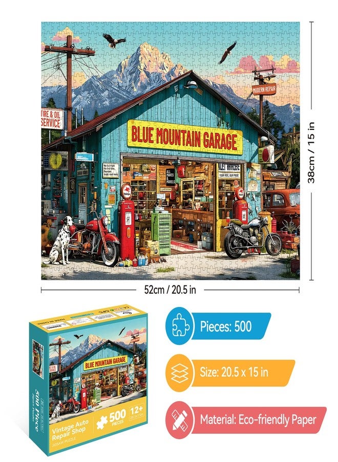 EIYRURU 500 Piece Jigsaw Puzzle for Adults –Retro Blue Mountain Garage Jigsaw Puzzles 500 Pieces, Vintage Motorcycles Puzzles for Adults 500 Pieces, Challenging Perfect for Game Nights, 20.5 X 15 in - Image 2