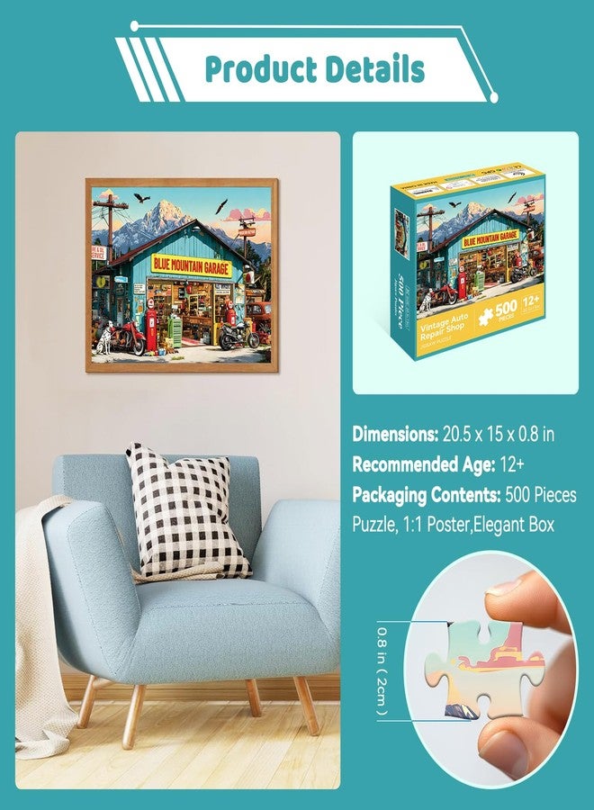 EIYRURU 500 Piece Jigsaw Puzzle for Adults –Retro Blue Mountain Garage Jigsaw Puzzles 500 Pieces, Vintage Motorcycles Puzzles for Adults 500 Pieces, Challenging Perfect for Game Nights, 20.5 X 15 in - Image 4