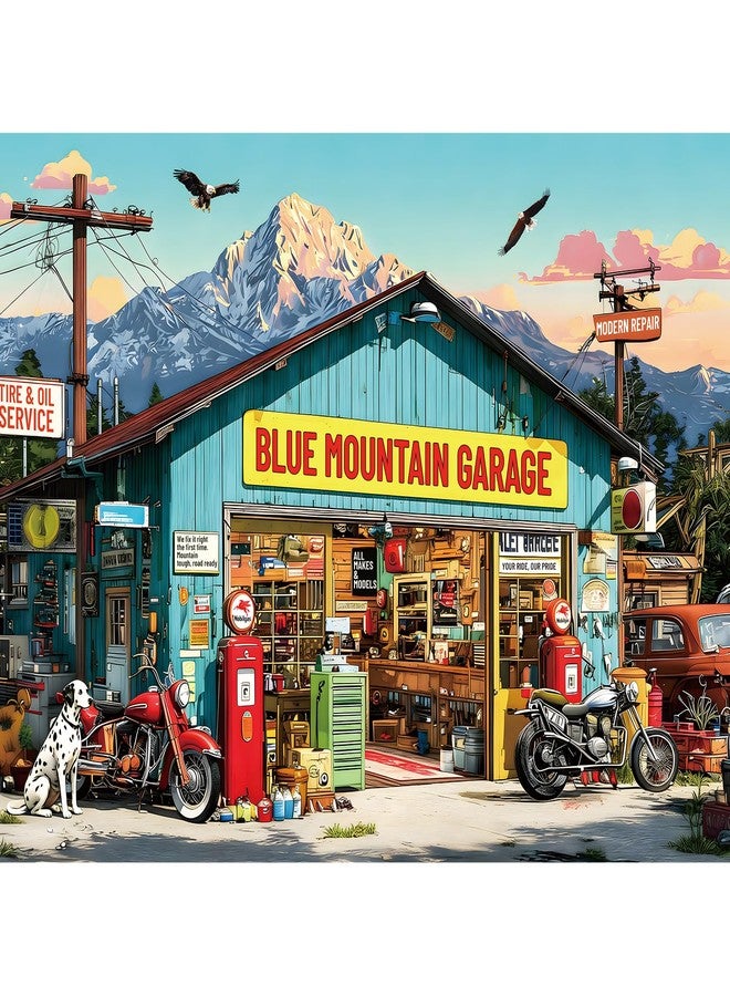EIYRURU 500 Piece Jigsaw Puzzle for Adults –Retro Blue Mountain Garage Jigsaw Puzzles 500 Pieces, Vintage Motorcycles Puzzles for Adults 500 Pieces, Challenging Perfect for Game Nights, 20.5 X 15 in - Image 1
