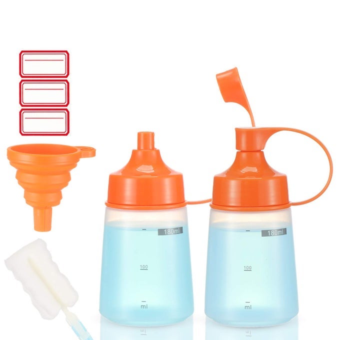 PLASTIC CONDIMENT SQUEEZE BOTTLES FOR SAUCES WIDE MOUTH SALAD DRESSING BOTTLE DISPENSER FOR SAUCE COOKING OIL KETCHUP SYRUP LIQUIDS GRIDDLE PAINT MUSTARD RESIN 2PACK ORANGE 6 OUNCES