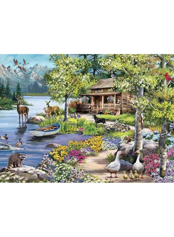 Bits and Pieces - 300 Piece Jigsaw Puzzle for Adults 18" x 24" - Cabin by The Lake - 300 pc Woodland Animal Spring Forest Jigsaw by Artist The Macneil Studio - Image 1