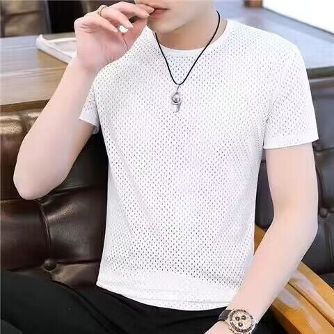 Summer Ice Silk Mens Fashion Casual Sportswear Set Mesh short sleeve white 