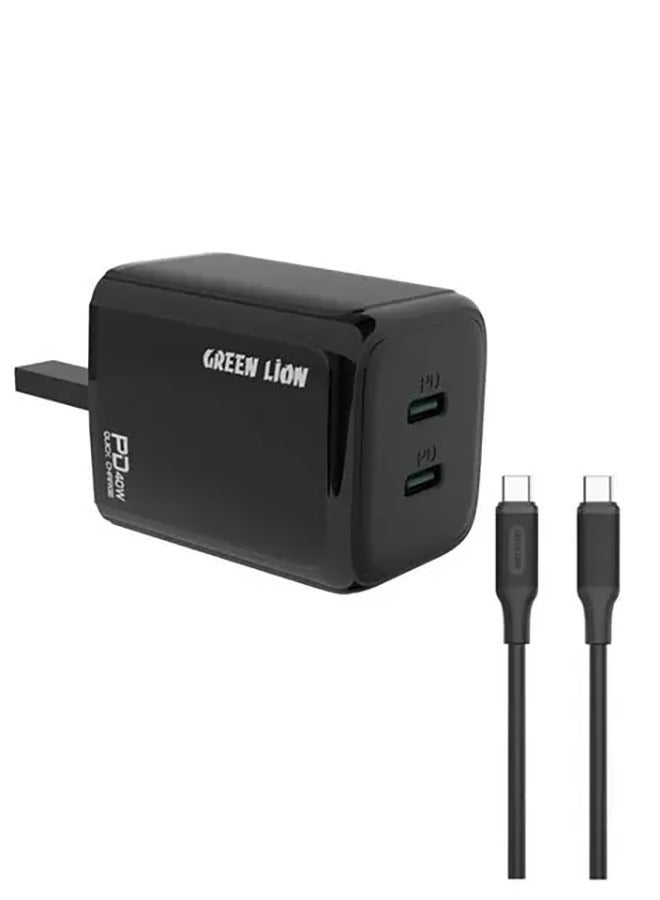 GREEN LION 40W Dual PD Wall Charger With USB-C To USB-C Cable / UK Plug / 1 Meter PVC Cable Length / Fast Charging / Charging Protection / 2 USB Output / Power Up Safely - Black - Image 1