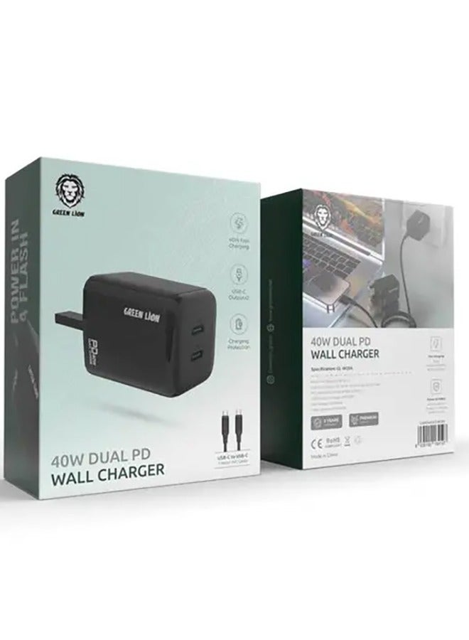 GREEN LION 40W Dual PD Wall Charger With USB-C To USB-C Cable / UK Plug / 1 Meter PVC Cable Length / Fast Charging / Charging Protection / 2 USB Output / Power Up Safely - Black - Image 3