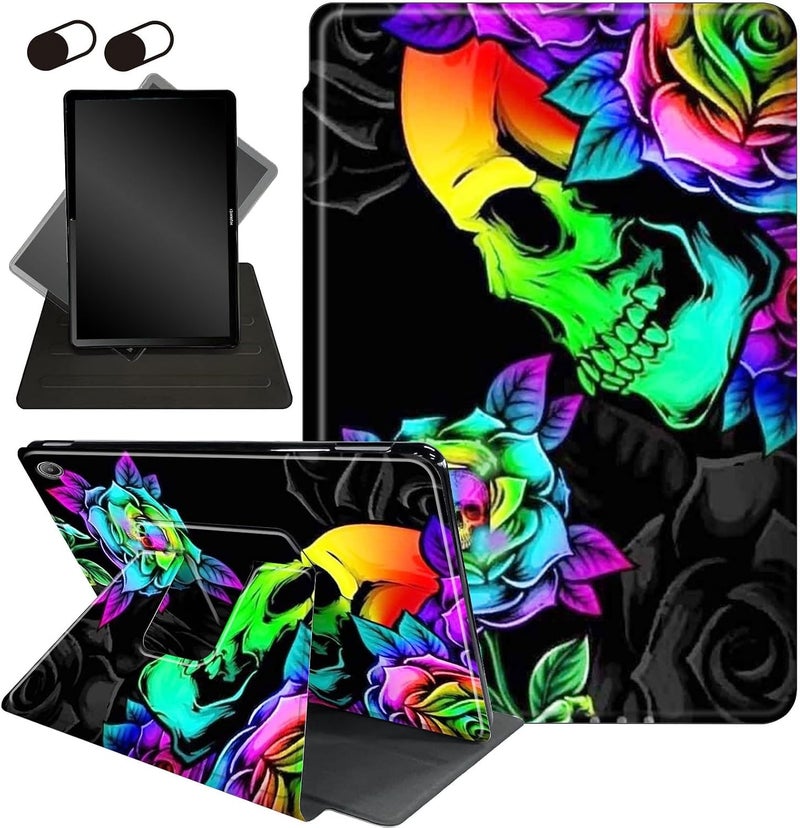 Mxfdegf Case for Amazon Fire HD 8 Tablet (2018 2017 2016 Version,8th/7th/6th Generation),360 Degree Rotating Stand Smart Protective Cover Case,for All-New Fire HD 8 (8th / 7th /6th),Colorful Skull Rose Flower - Image 1