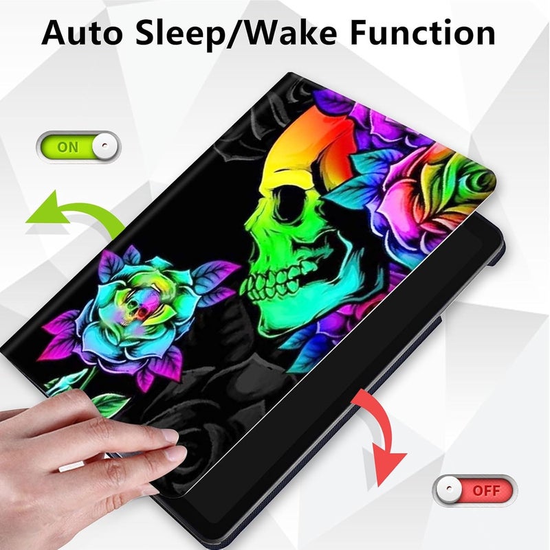Mxfdegf Case for Amazon Fire HD 8 Tablet (2018 2017 2016 Version,8th/7th/6th Generation),360 Degree Rotating Stand Smart Protective Cover Case,for All-New Fire HD 8 (8th / 7th /6th),Colorful Skull Rose Flower - Image 4