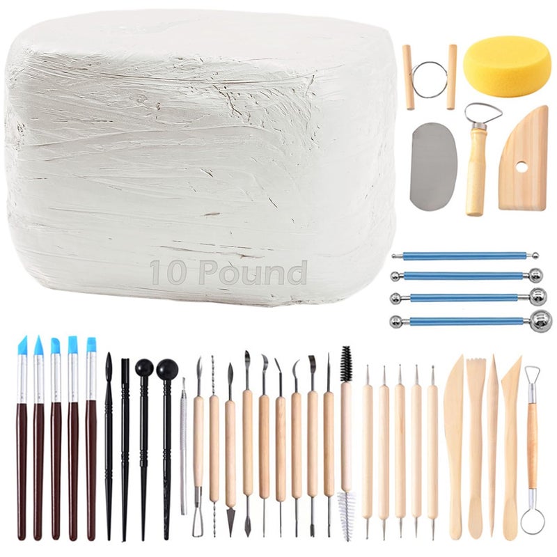 ReArt Natural Air-Dry Clay, Pottery Clay10LBs with 40 Pcs Pottery Tools Clay Sculpting Tool Set, All-Purpose Modeling Clay (White) - Image 1