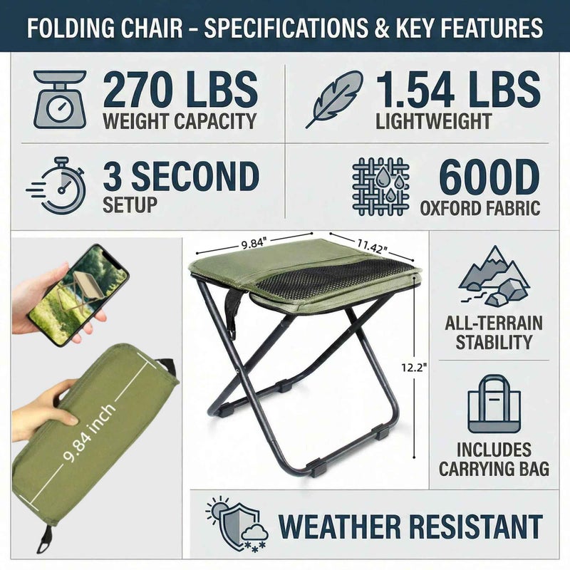 COMELY Folding Stool Backpacking Chair Portable: Ultralight 700g Collapsible Pocket Stool,3cm Flat Fold, 3-Second One-Hand Setup & 5s Storage, 270Lbs Capacity, 600D Oxford for Thru-Hiking & Breaks. - Image 4