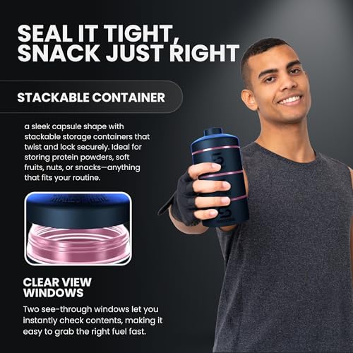 SHAKESPHERE Stackable Snack Containers - Leak-Resistant Travel Snack Container for Supplements, Protein, Nuts - 3 Twist-Lock Cups - Portable Food Storage for Gym, Office, Lunch, & School - Rose Gold - Image 3
