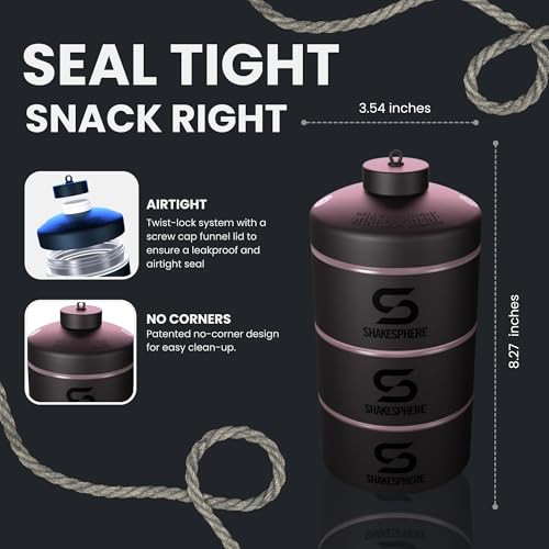 SHAKESPHERE Stackable Snack Containers - Leak-Resistant Travel Snack Container for Supplements, Protein, Nuts - 3 Twist-Lock Cups - Portable Food Storage for Gym, Office, Lunch, & School - Rose Gold - Image 4